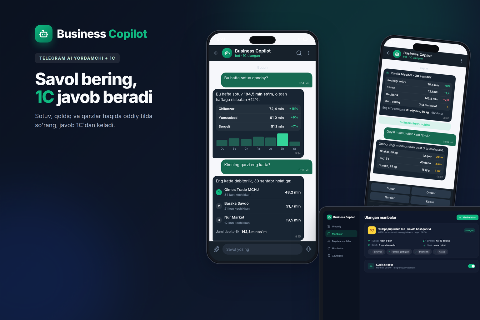 Business Copilot — 1C ma'lumotlari ustida Telegram AI yordamchi