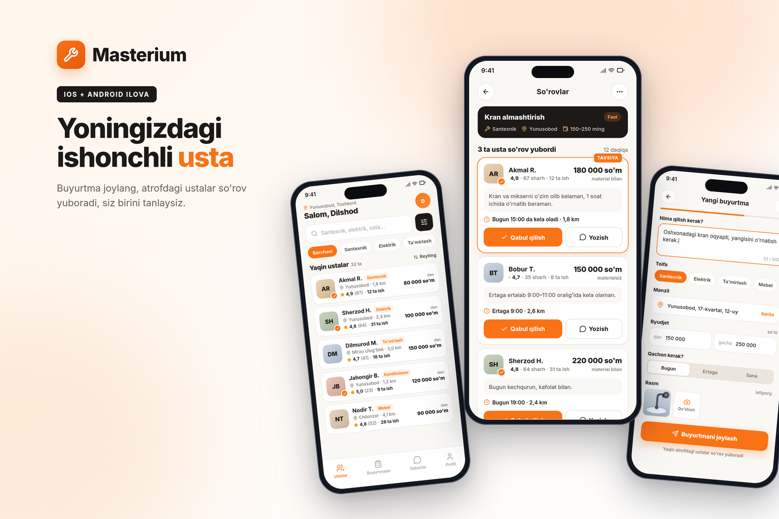 Masterium — Ustalar va mijozlar uchun mobil ilova